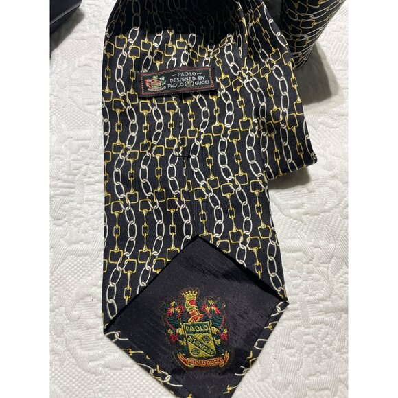 Vintage Tie 100% Silk Designed by PAOLO GUCCI Made in Italy Yellow Chain Link On - Picture 4 of 4